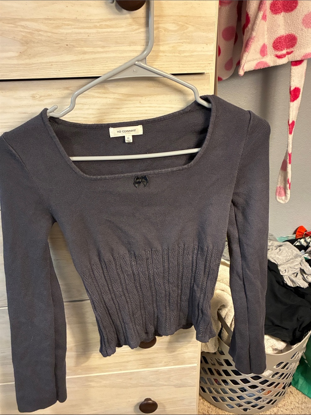No Comment Squared Neck Ribbed Long Sleeve Top - Charcoal